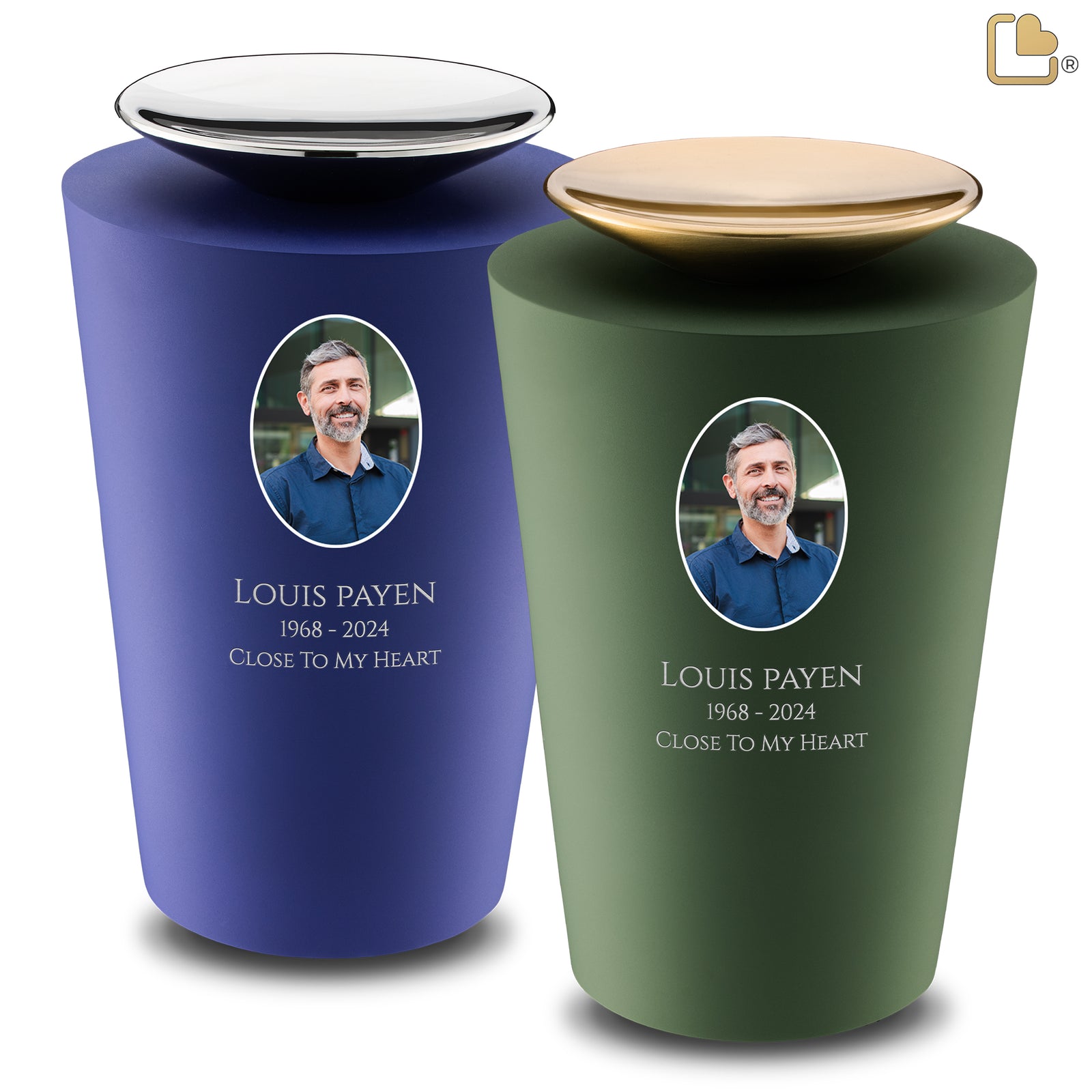 Adult Crescent Portrait Navy & Sage Green Companion Cremation Urn - Set of 2