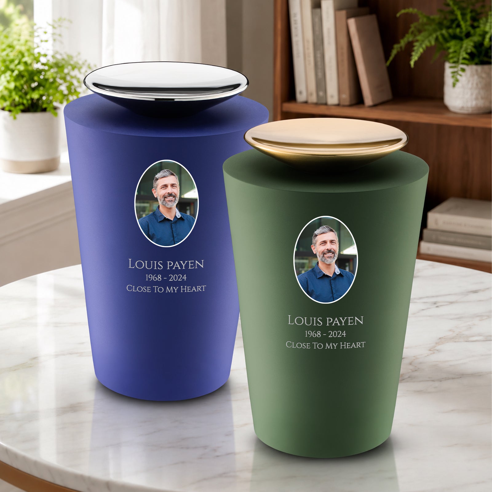 Adult Crescent Portrait Navy & Sage Green Companion Cremation Urn - Set of 2