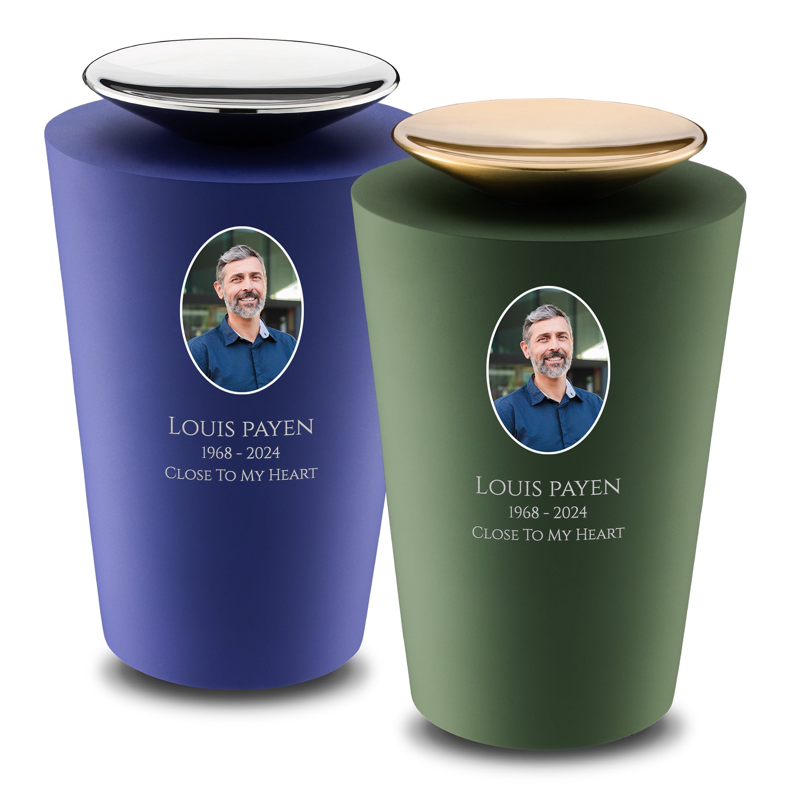 Adult Crescent Portrait Navy & Sage Green Companion Cremation Urn - Set of 2