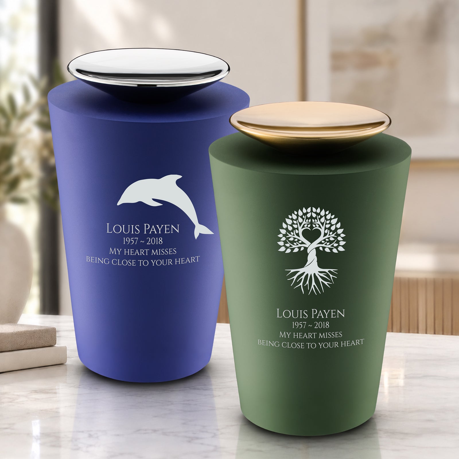 Adult Crescent Navy & Sage Green Companion Cremation Urn - Set of 2