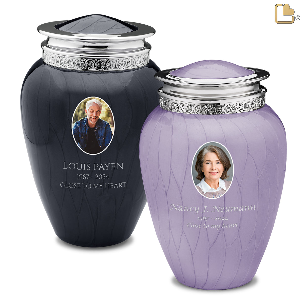 Adult Blessing Portrait Midnight & Pearl Lavender Silver Companion Cremation Urn - Set of 2