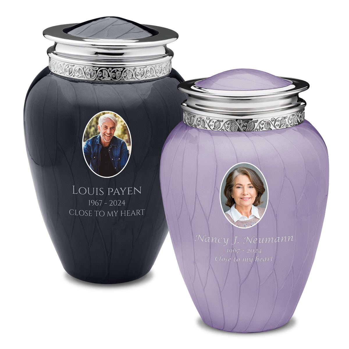 Adult Blessing Portrait Midnight &amp; Pearl Lavender Silver Companion Cremation Urn - Set of 2