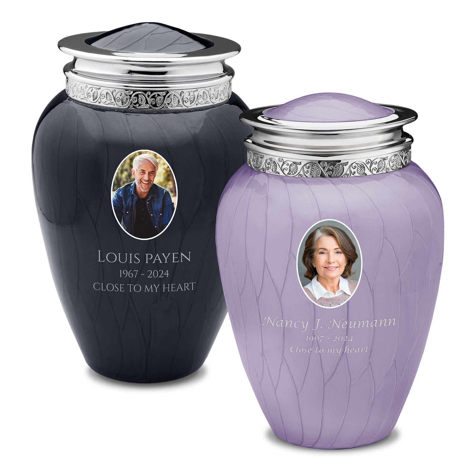 Adult Blessing Portrait Midnight & Pearl Lavender Silver Companion Cremation Urn - Set of 2