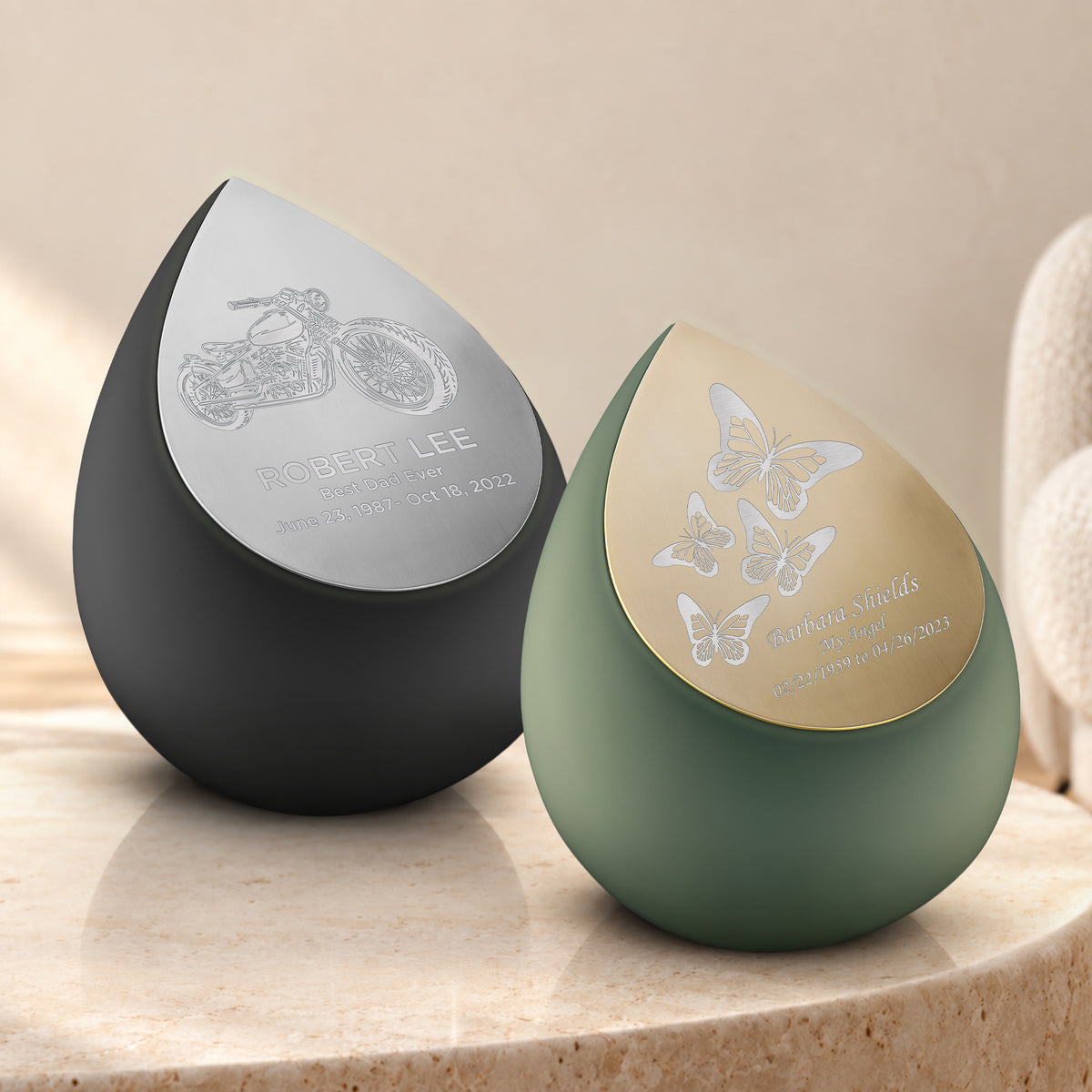 Adult Drop Black & Sage Green Companion Cremation Urn - Set of 2