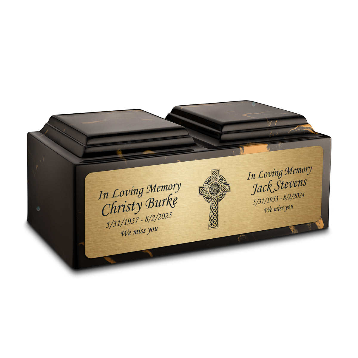 Adult Companion Custom Printed Black and Gold Celtic Cross Cultured Marble Urns by MacKenzie