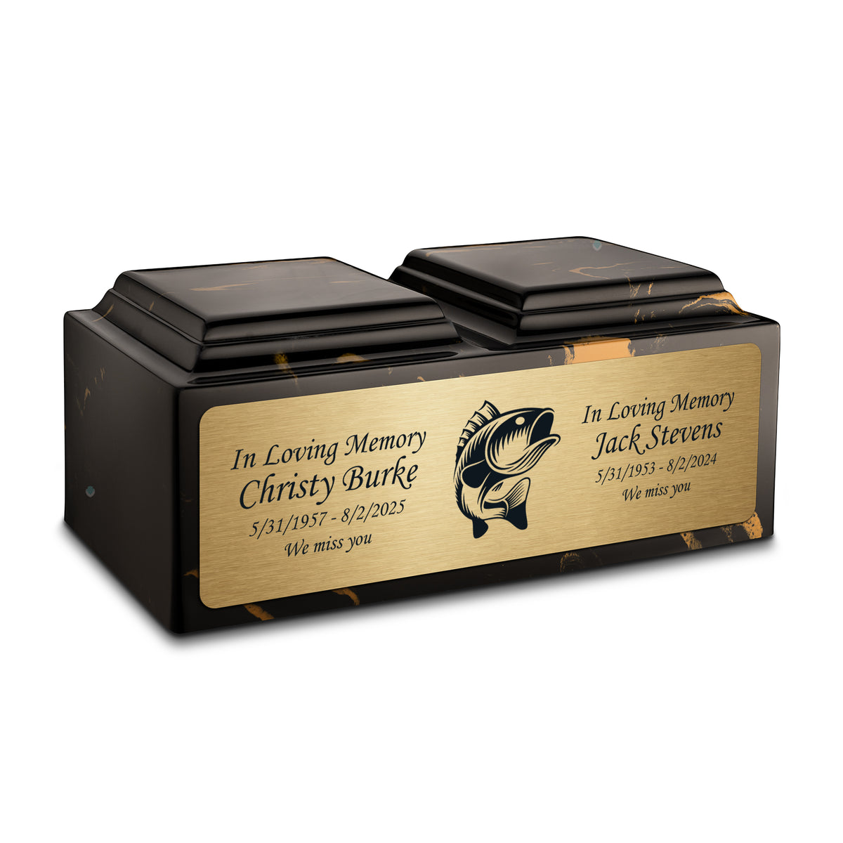 Adult Companion Custom Printed Black and Gold Fishing Cultured Marble Urns by MacKenzie