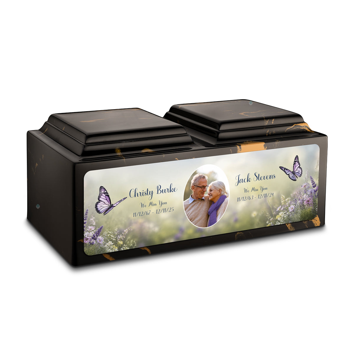 Adult Companion Custom Butterfly Couple Portrait Black &amp; Gold Cultured Marble Urns by MacKenzie