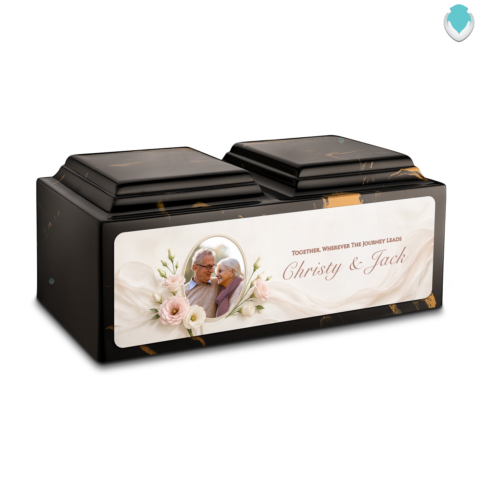 Adult Companion Custom Flower Couple Portrait Memorial Black & Gold Cultured Marble Urns by MacKenzie