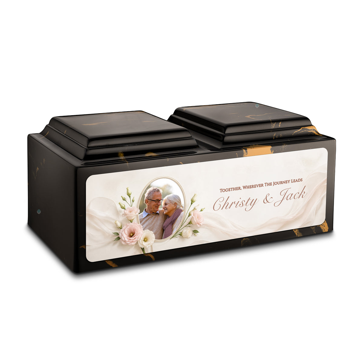 Adult Companion Custom Flower Couple Portrait Memorial Black &amp; Gold Cultured Marble Urns by MacKenzie