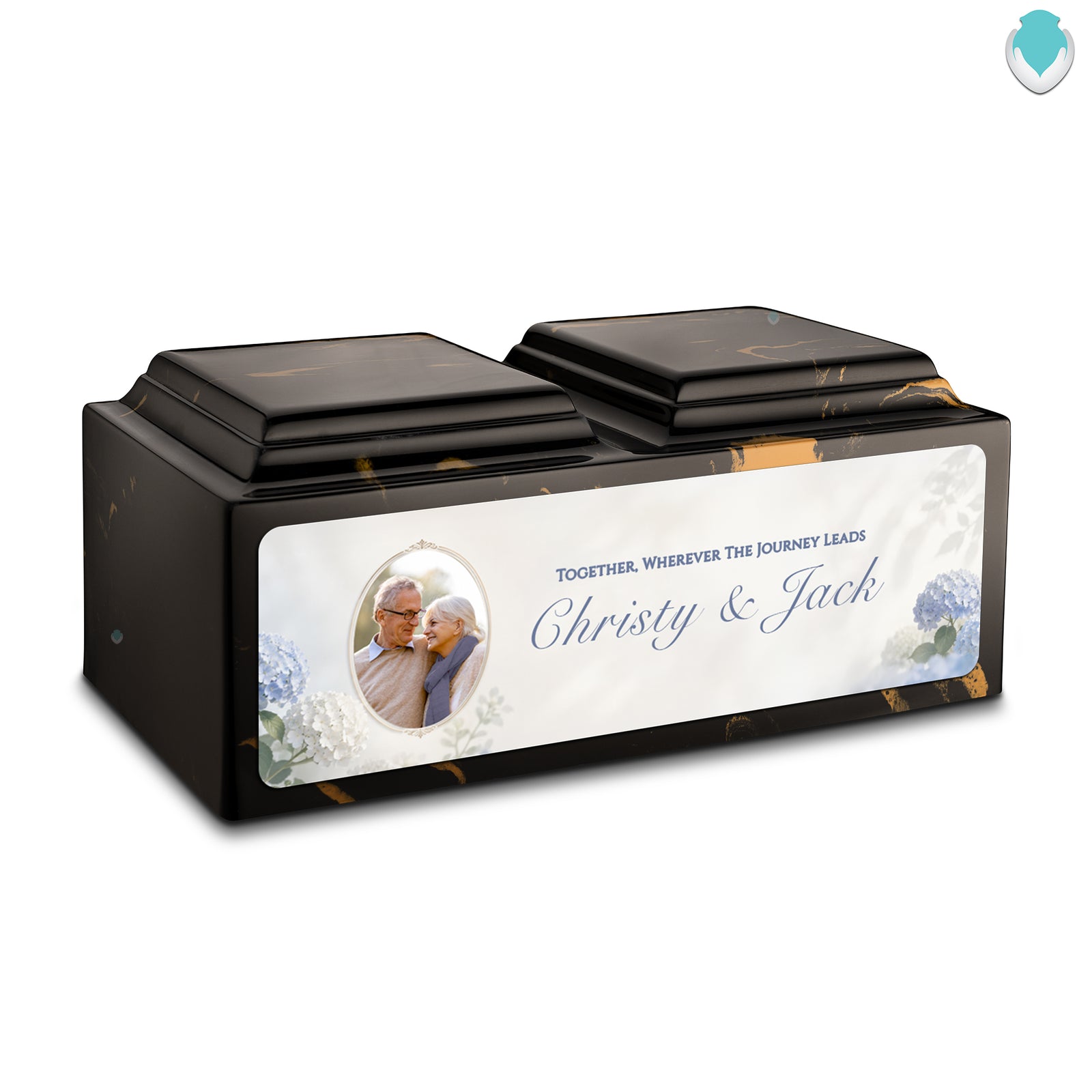 Adult Companion Custom Flower Couple Portrait Black & Gold Cultured Marble Urns by MacKenzie