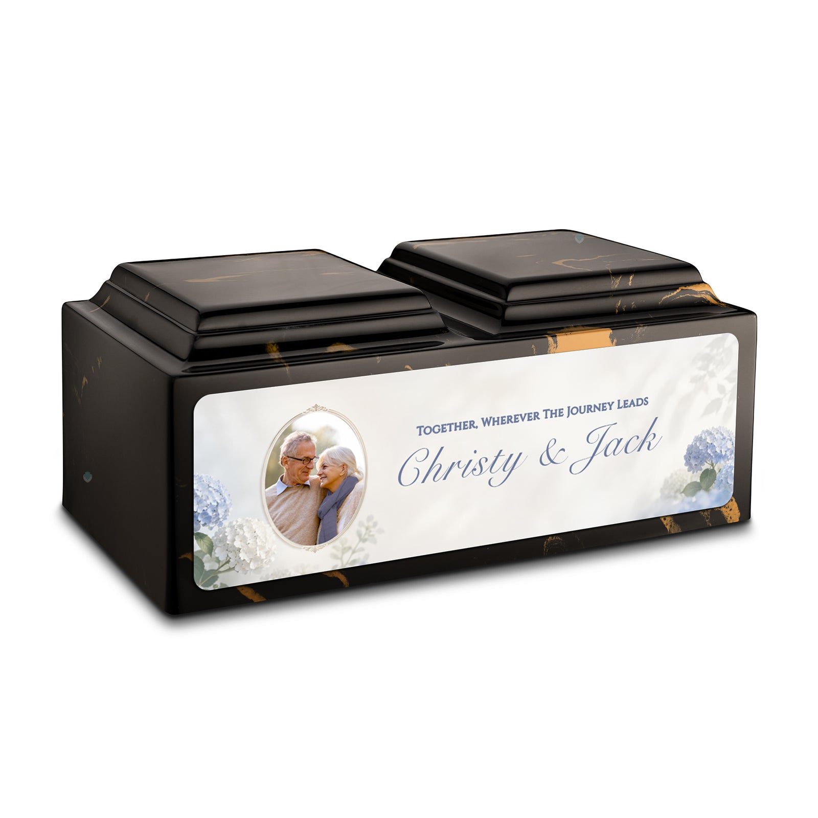 Adult Companion Custom Flower Couple Portrait Black & Gold Cultured Marble Urns by MacKenzie