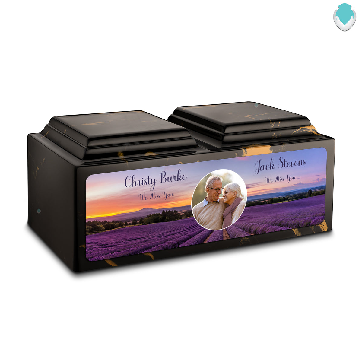 Adult Companion Custom Lavender Couple Portrait Memorial Black & Gold Cultured Marble Urns by MacKenzie