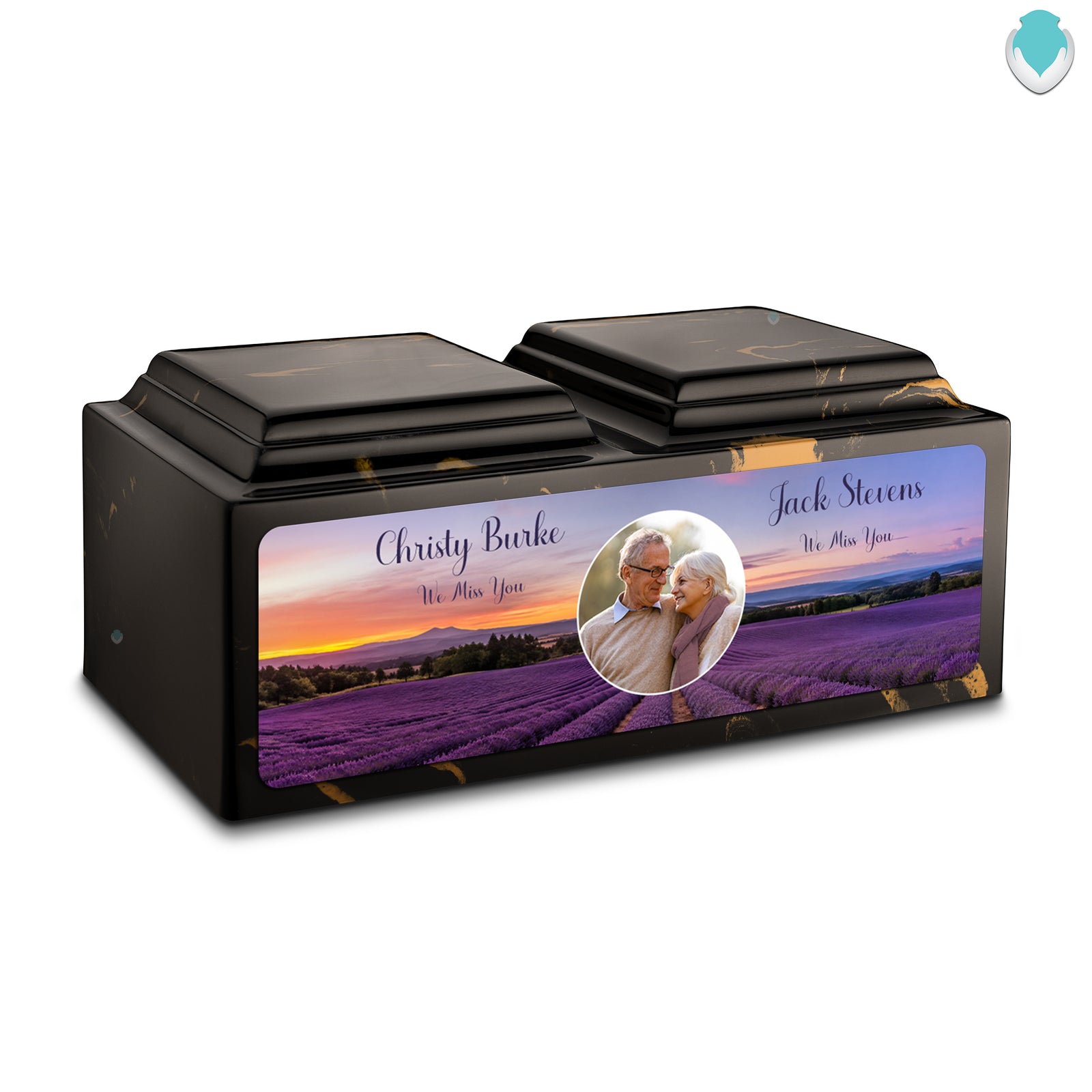 Adult Companion Custom Lavender Couple Portrait Memorial Black & Gold Cultured Marble Urns by MacKenzie