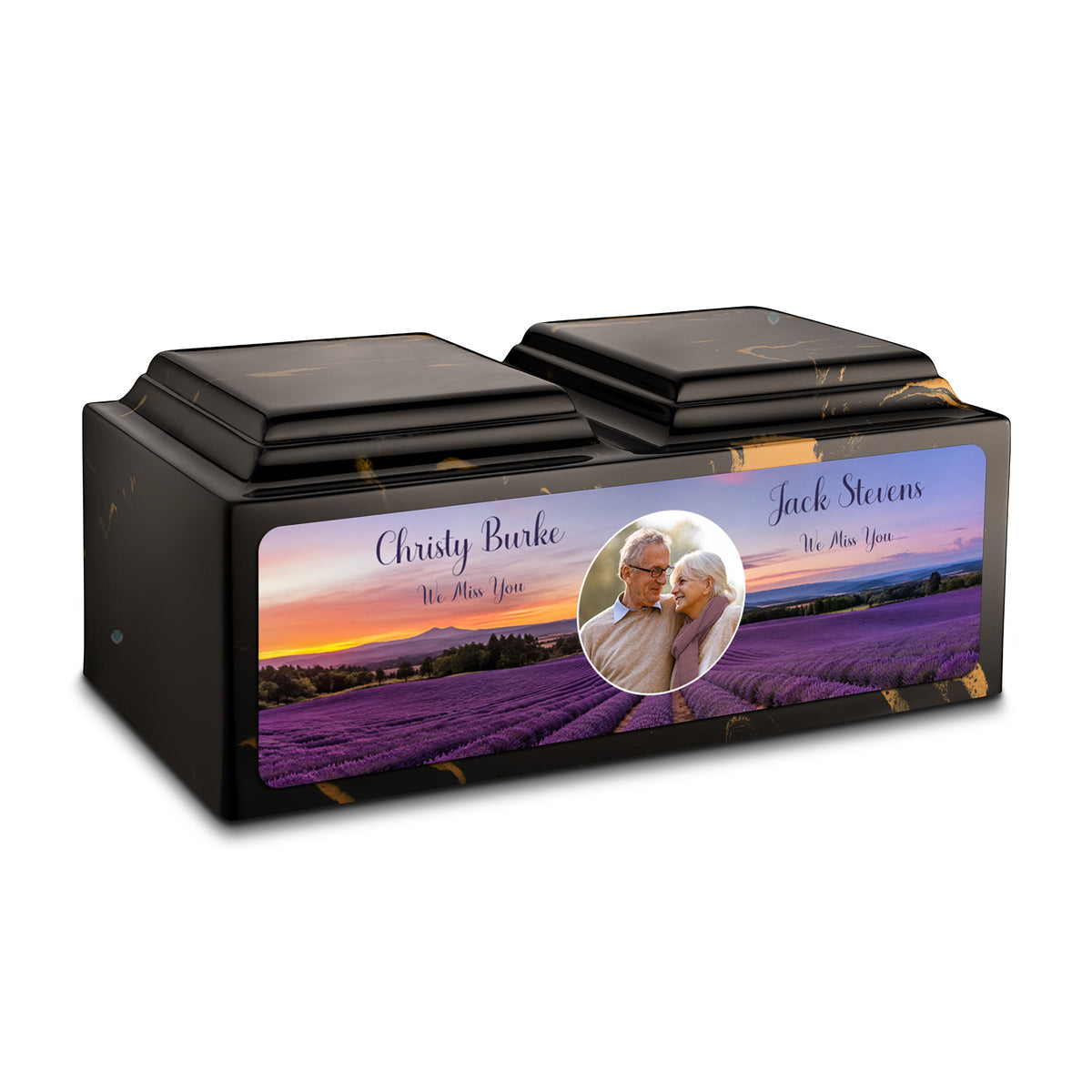 Adult Companion Custom Lavender Couple Portrait Memorial Black &amp; Gold Cultured Marble Urns by MacKenzie