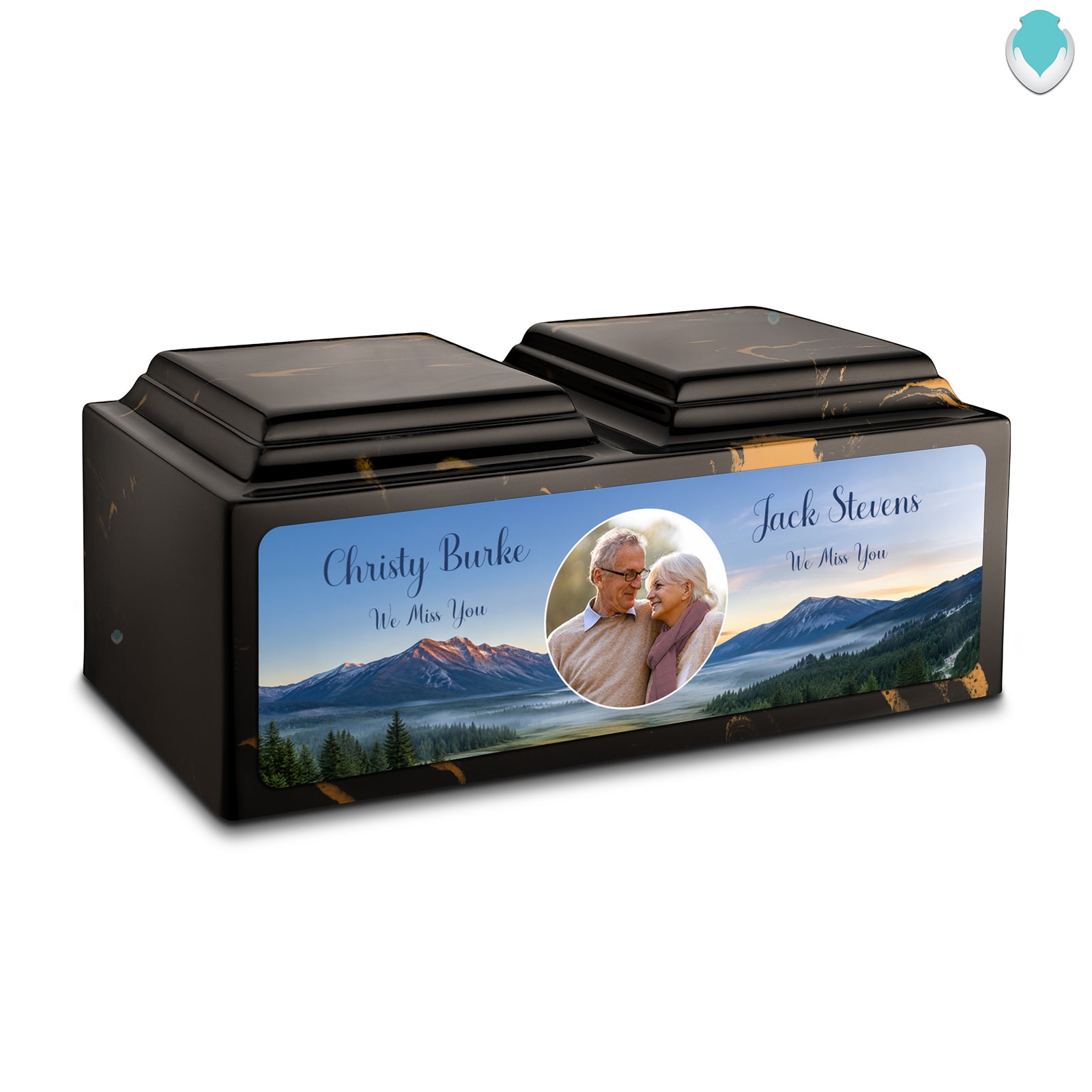 Adult Companion Custom Mountains Couple Portrait Memorial Black & Gold Cultured Marble Urns by MacKenzie