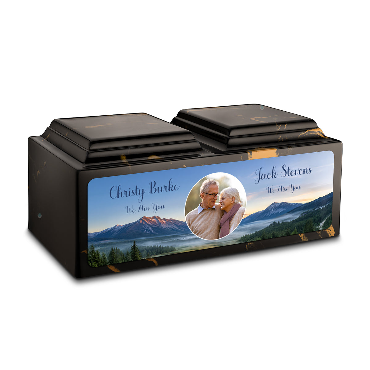 Adult Companion Custom Mountains Couple Portrait Memorial Black &amp; Gold Cultured Marble Urns by MacKenzie