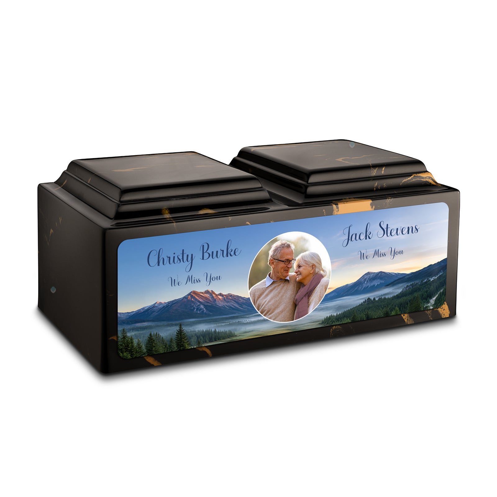 Adult Companion Custom Mountains Couple Portrait Memorial Black & Gold Cultured Marble Urns by MacKenzie