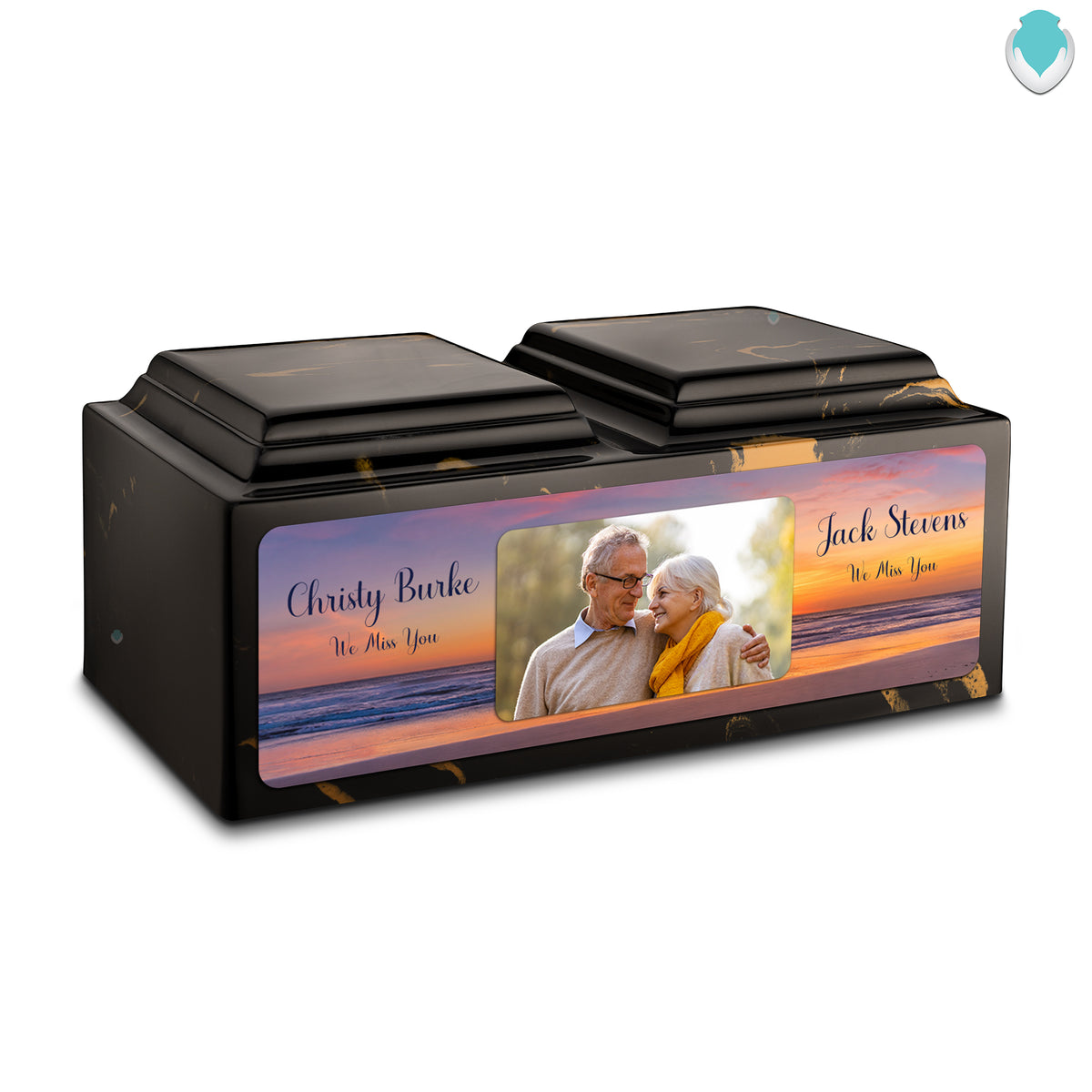 Adult Companion Custom Ocean Sunset Couple Portrait Memorial Black & Gold Cultured Marble Urns by MacKenzie