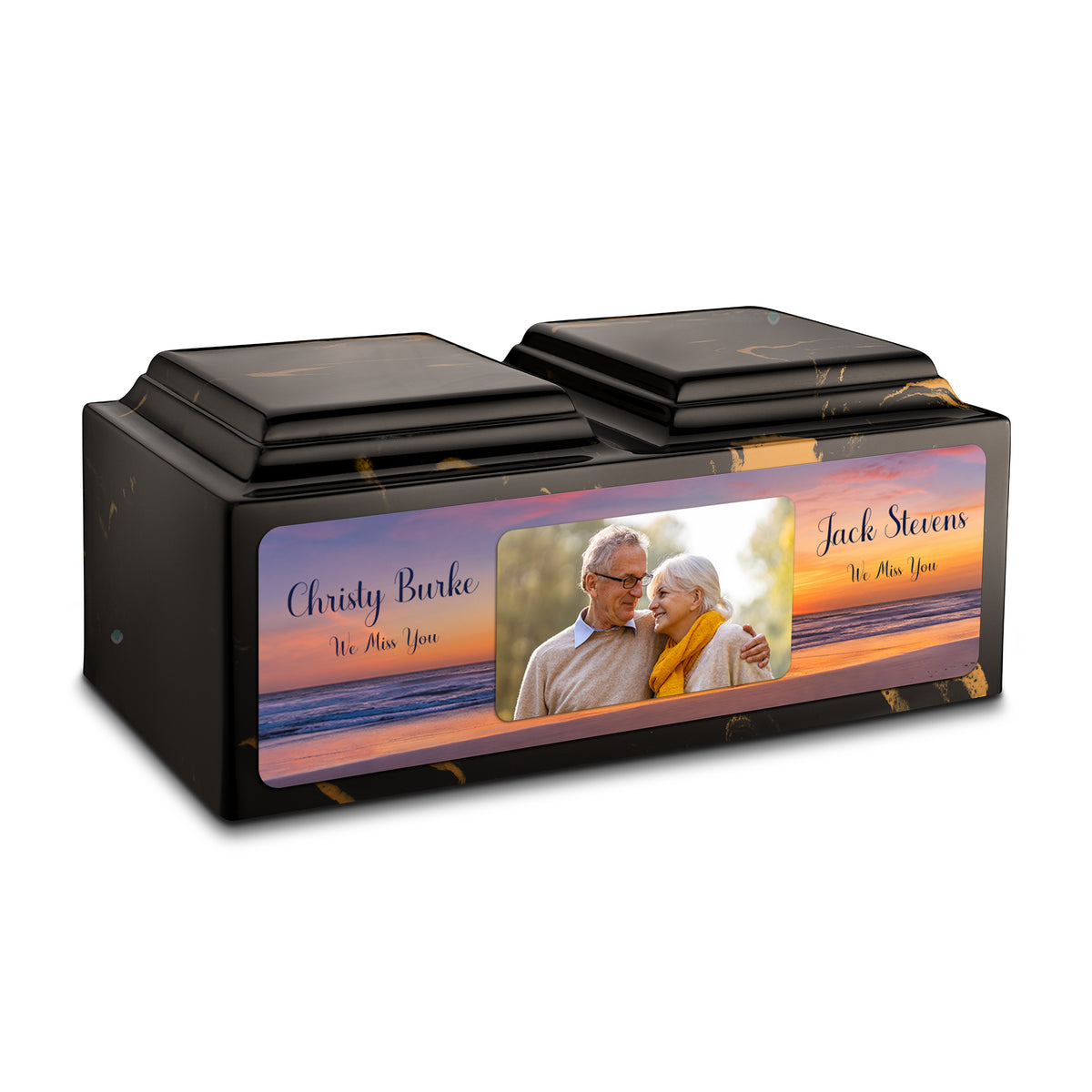 Adult Companion Custom Ocean Sunset Couple Portrait Memorial Black &amp; Gold Cultured Marble Urns by MacKenzie