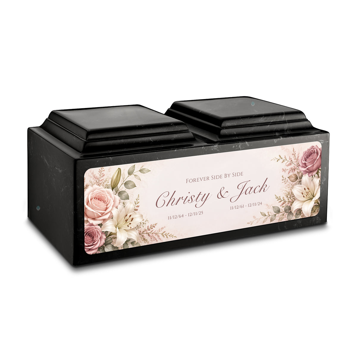 Adult Companion Custom Flower Printed Black &amp; White Cultured Marble Urns by MacKenzie