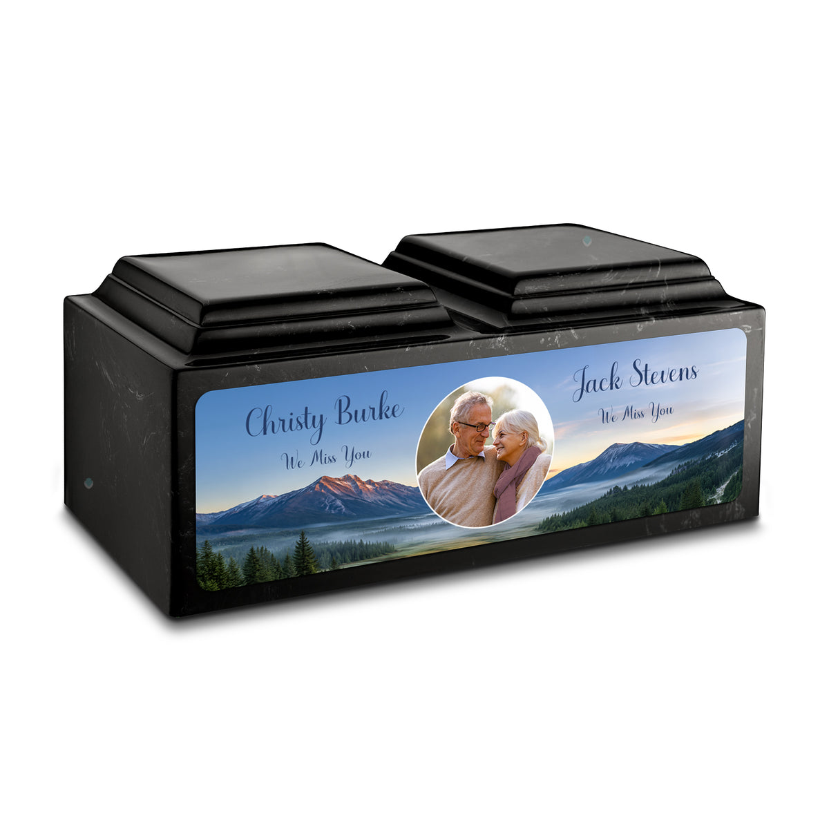Adult Companion Custom Mountains Couple Portrait Memorial Black &amp; White Cultured Marble Urns by MacKenzie