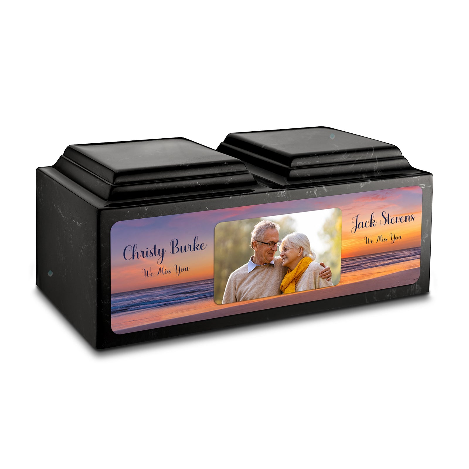 Adult Companion Custom Ocean Sunset Couple Portrait Memorial Black & White Cultured Marble Urns by MacKenzie