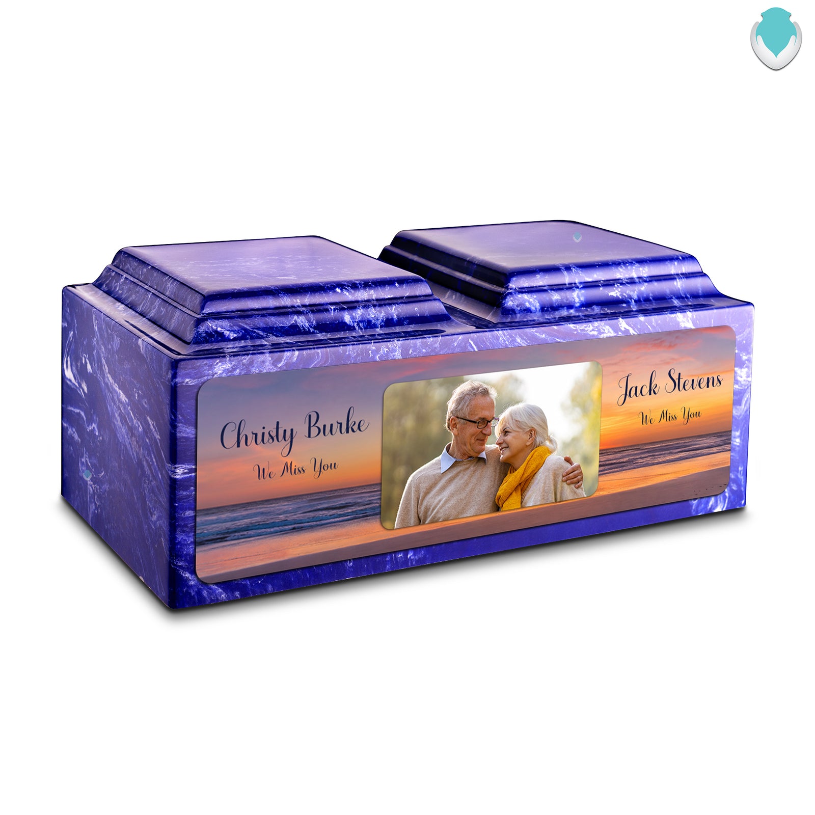 Adult Companion Custom Ocean Sunset Couple Portrait Memorial Cobalt Cultured Marble Urns by MacKenzie
