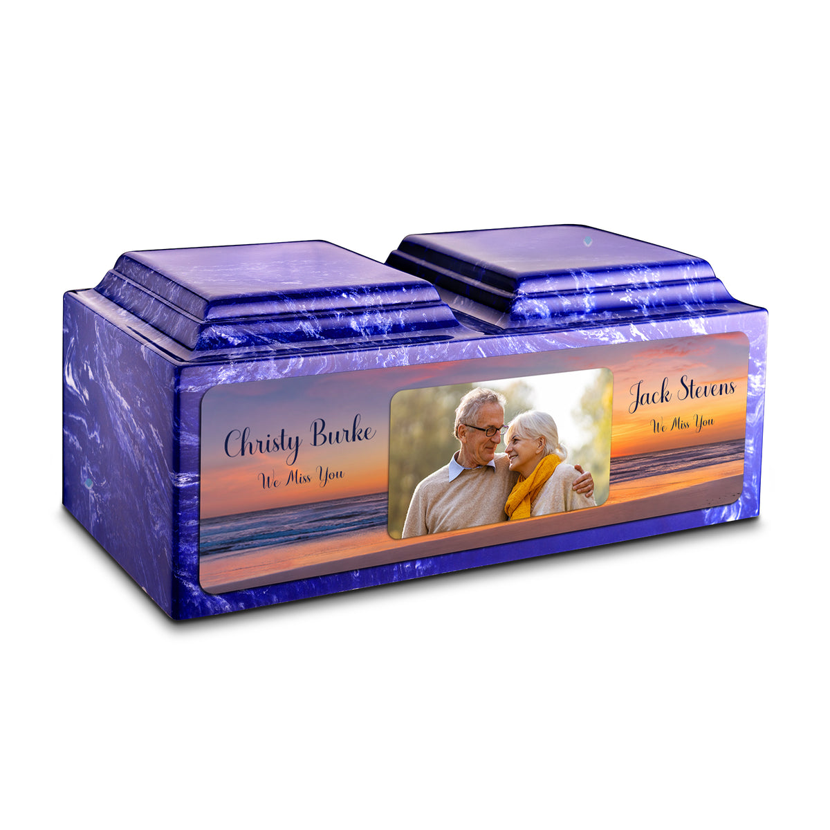 Adult Companion Custom Ocean Sunset Couple Portrait Memorial Cobalt Cultured Marble Urns by MacKenzie