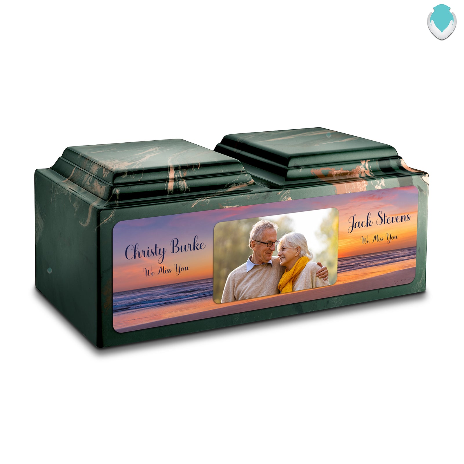 Adult Companion Custom Ocean Sunset Couple Portrait Memorial Camo Cultured Marble Urns by MacKenzie