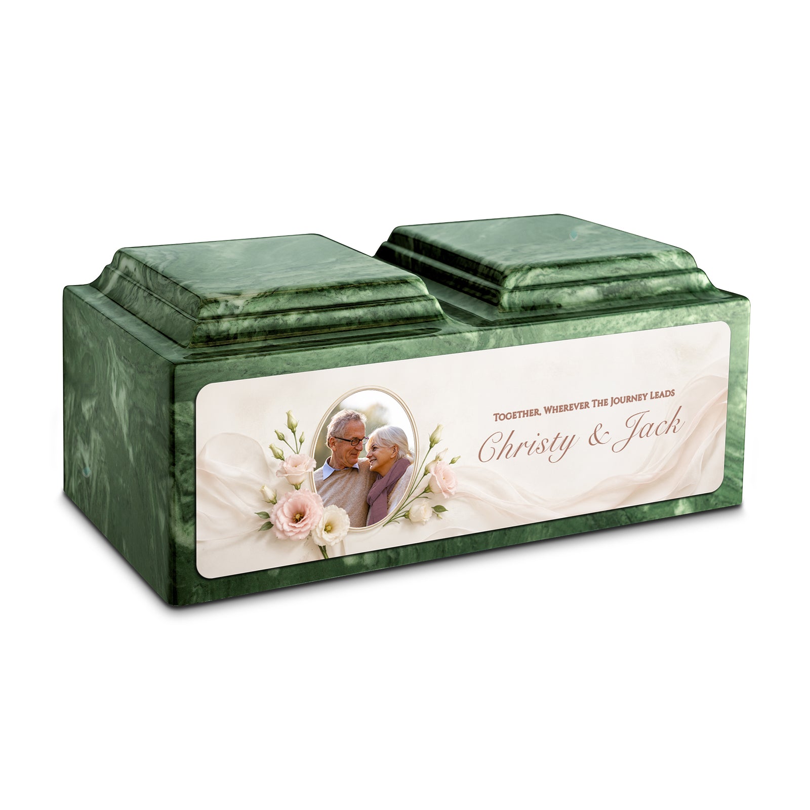 Adult Companion Custom Flower Couple Portrait Memorial Emerald Cultured Marble Urns by MacKenzie