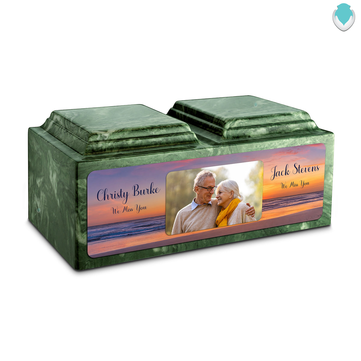Adult Companion Custom Ocean Sunset Couple Portrait Memorial Emerald Cultured Marble Urns by MacKenzie