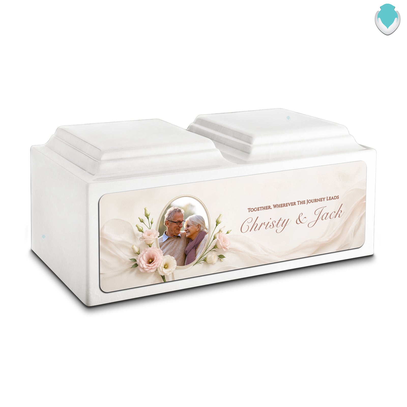 Adult Companion Custom Flower Couple Portrait Memorial Glacier White Cultured Marble Urns by MacKenzie