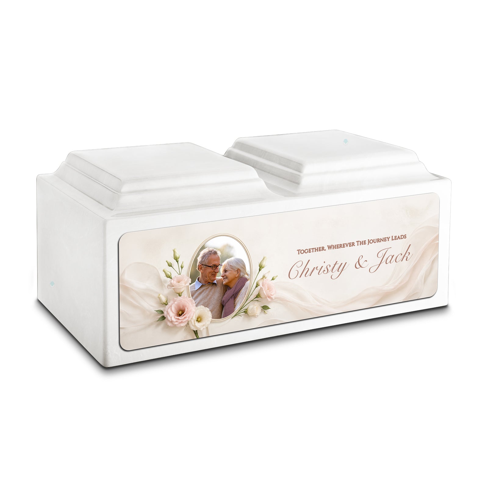 Adult Companion Custom Flower Couple Portrait Memorial Glacier White Cultured Marble Urns by MacKenzie
