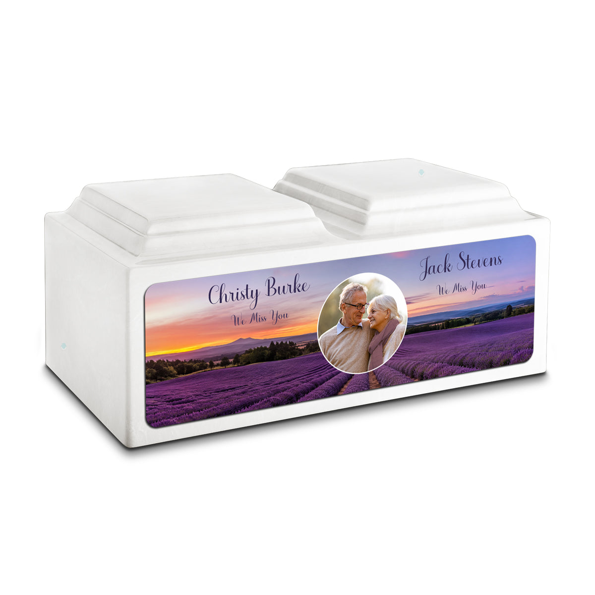 Adult Companion Custom Lavender Couple Portrait Memorial Glacier White Cultured Marble Urns by MacKenzie