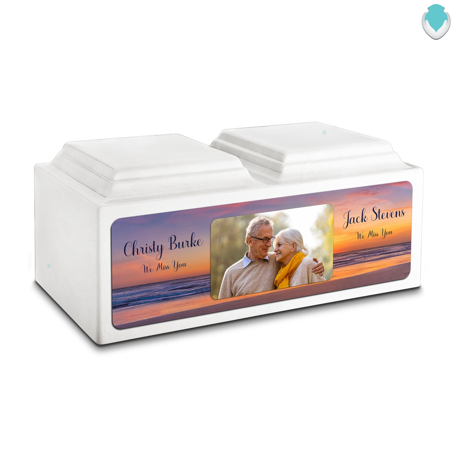 Adult Companion Custom Ocean Sunset Couple Portrait Memorial Glacier White Cultured Marble Urns by MacKenzie