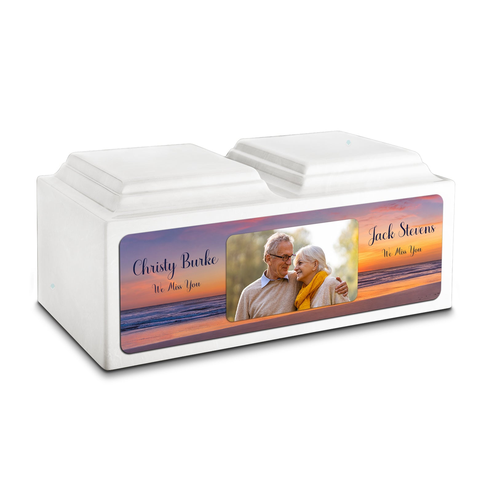 Adult Companion Custom Ocean Sunset Couple Portrait Memorial Glacier White Cultured Marble Urns by MacKenzie