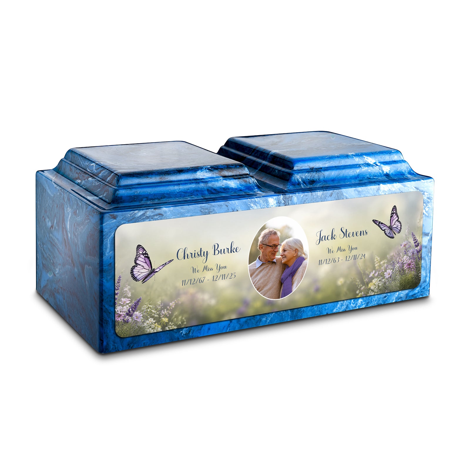 Adult Companion Custom Butterfly Couple Portrait Mystic Blue Cultured Marble Urns by MacKenzie