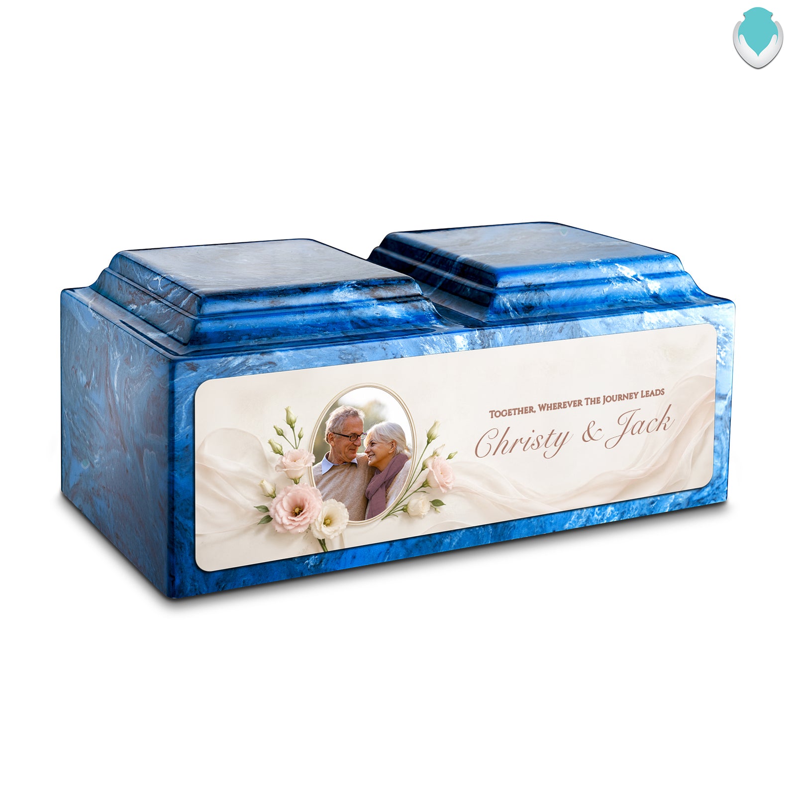Adult Companion Custom Flower Couple Portrait Memorial Mystic Blue Cultured Marble Urns by MacKenzie