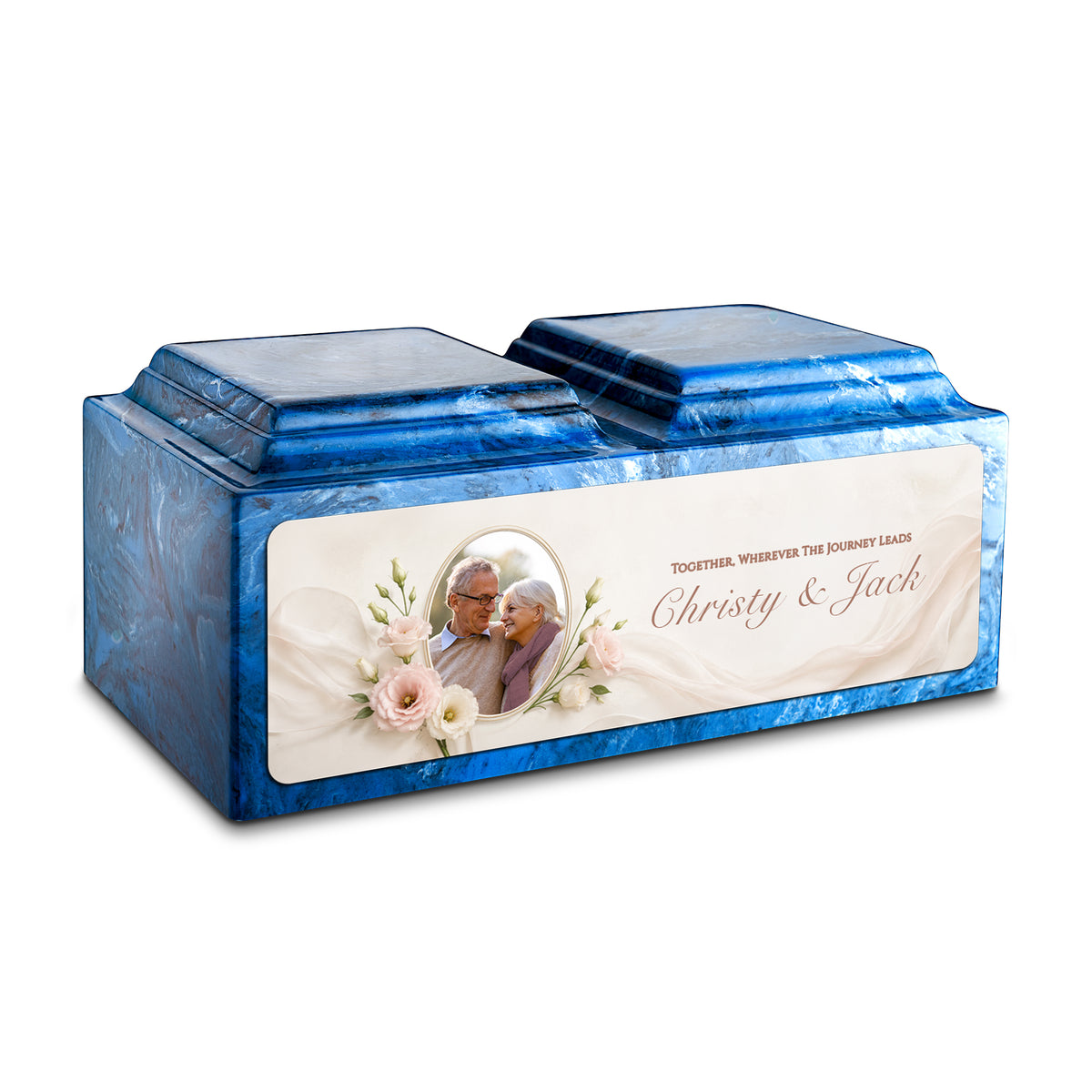 Adult Companion Custom Flower Couple Portrait Memorial Mystic Blue Cultured Marble Urns by MacKenzie