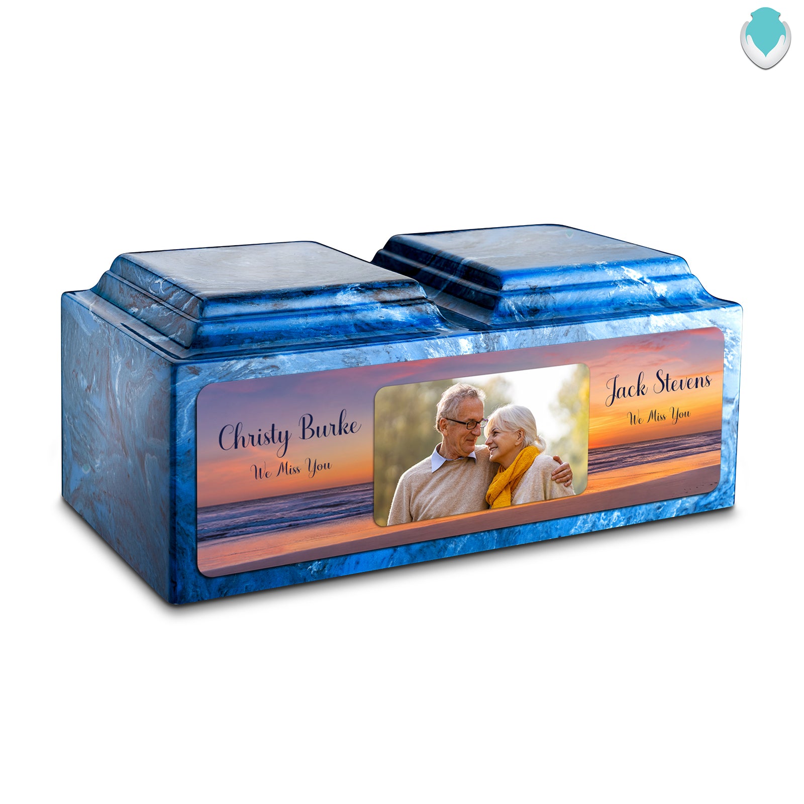 Adult Companion Custom Ocean Sunset Couple Portrait Memorial Mystic Blue Cultured Marble Urns by MacKenzie