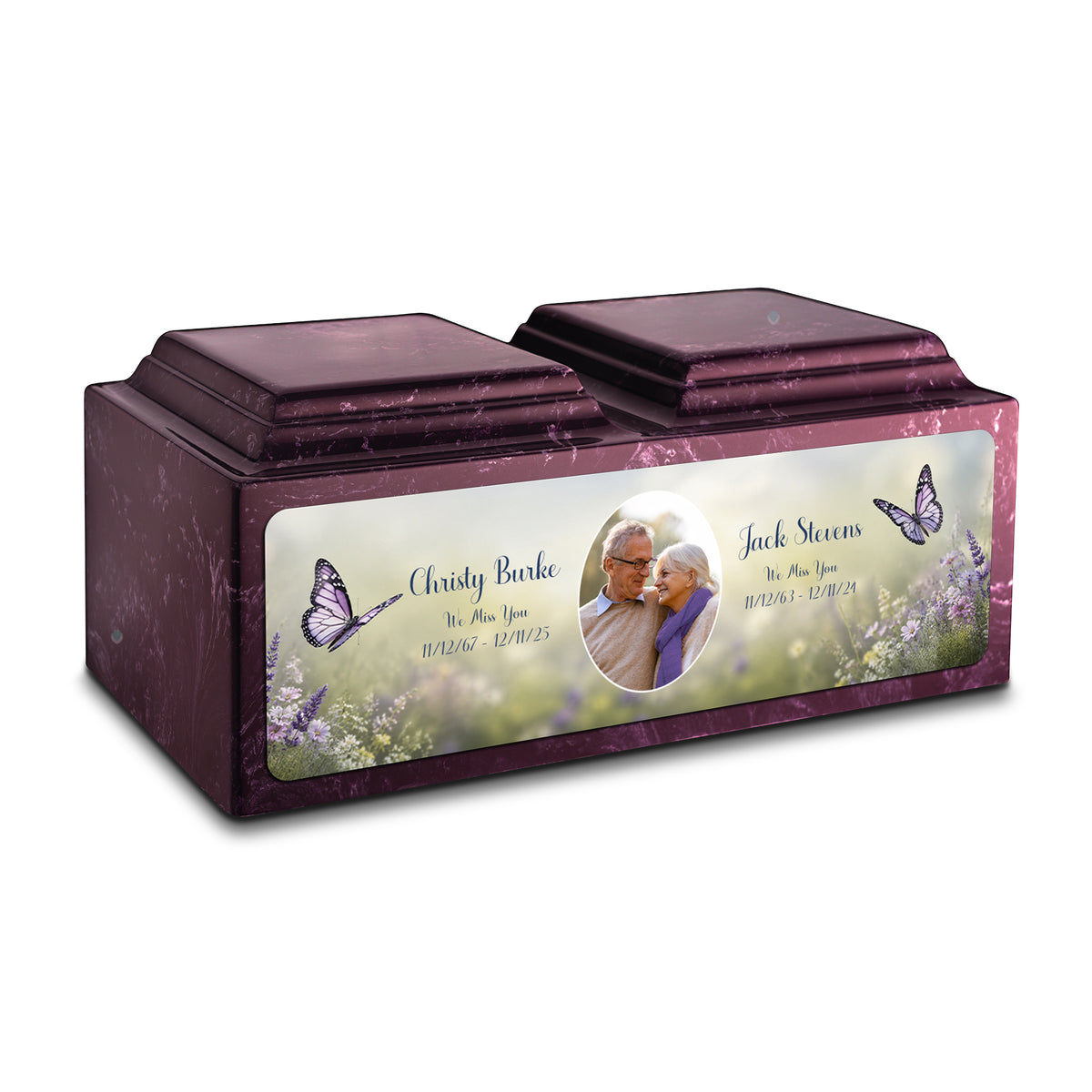 Adult Companion Custom Butterfly Couple Portrait Merlot Cultured Marble Urns by MacKenzie