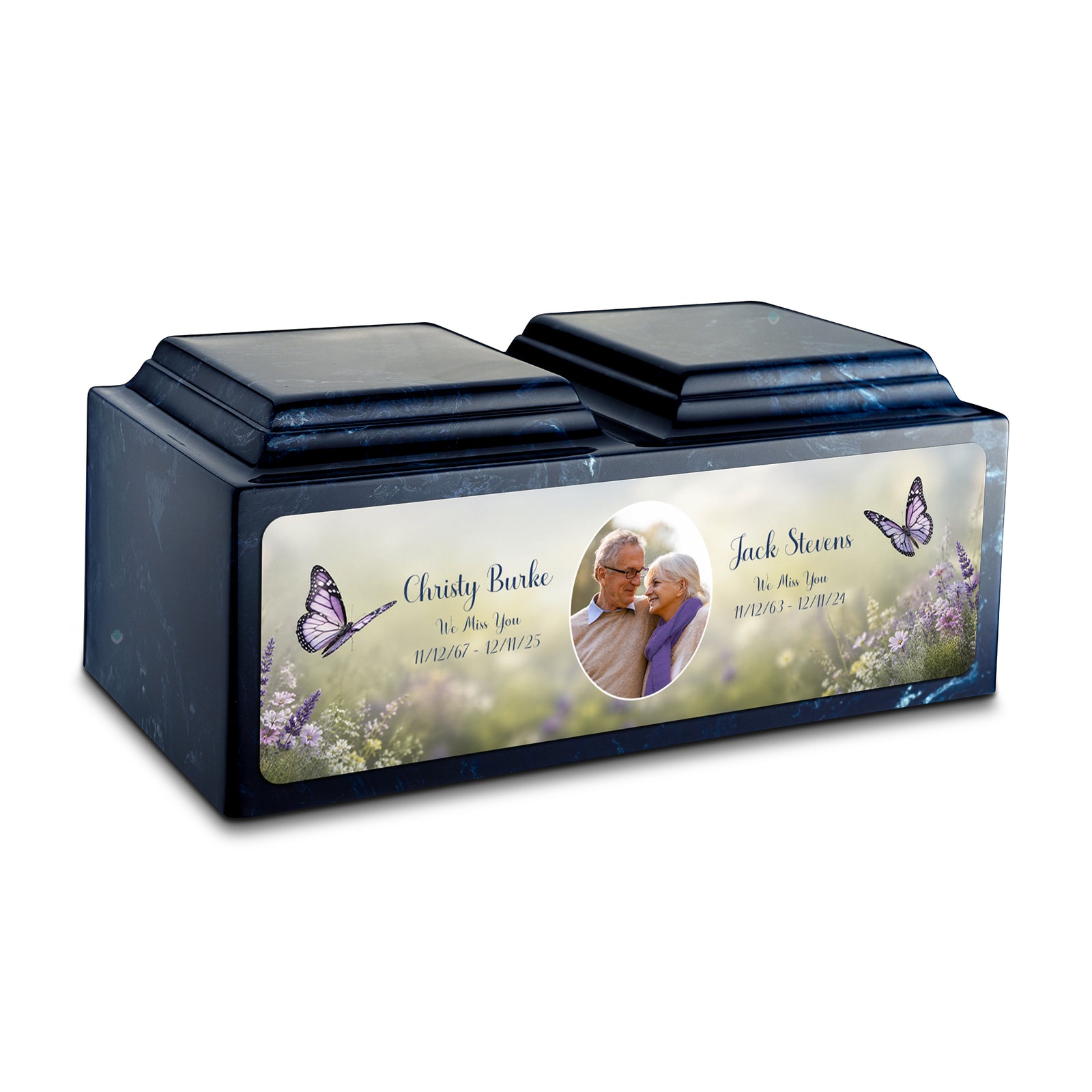 Adult Companion Custom Butterfly Couple Portrait Navy Cultured Marble Urns by MacKenzie