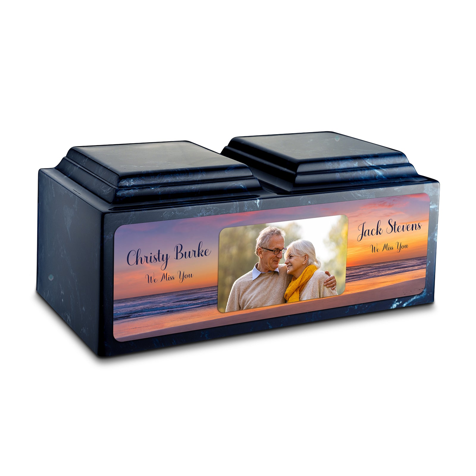 Adult Companion Custom Ocean Sunset Couple Portrait Memorial Navy Cultured Marble Urns by MacKenzie
