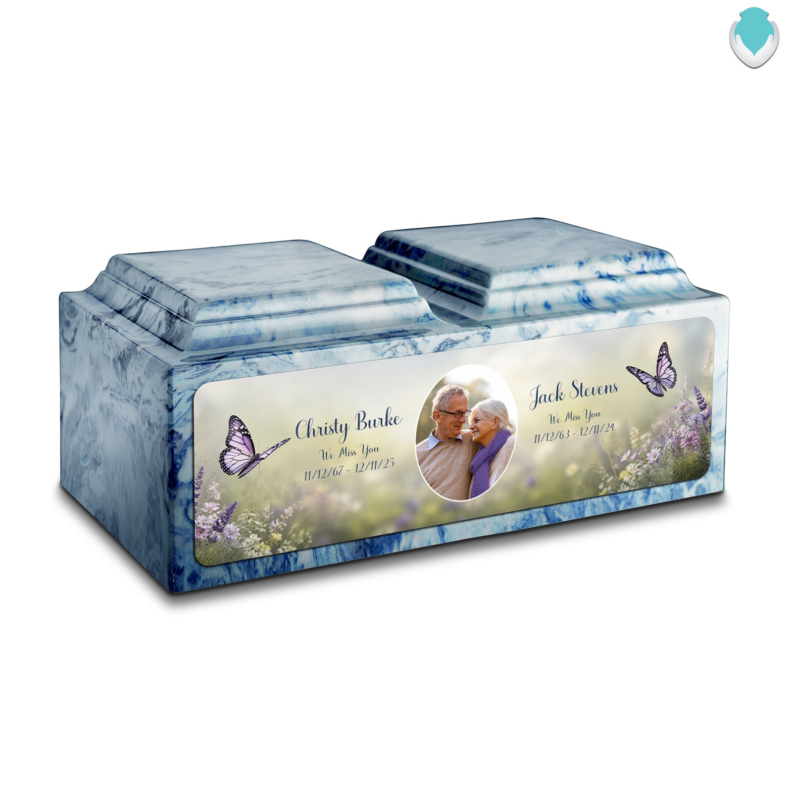 Adult Companion Custom Butterfly Couple Portrait Sky Blue Cultured Marble Urns by MacKenzie