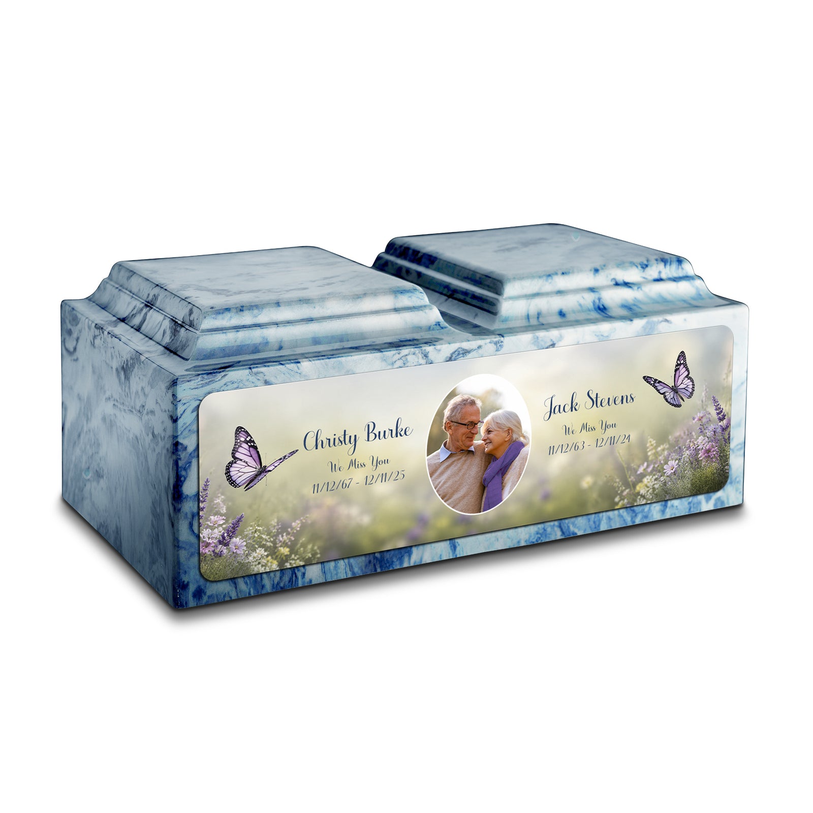 Adult Companion Custom Butterfly Couple Portrait Sky Blue Cultured Marble Urns by MacKenzie
