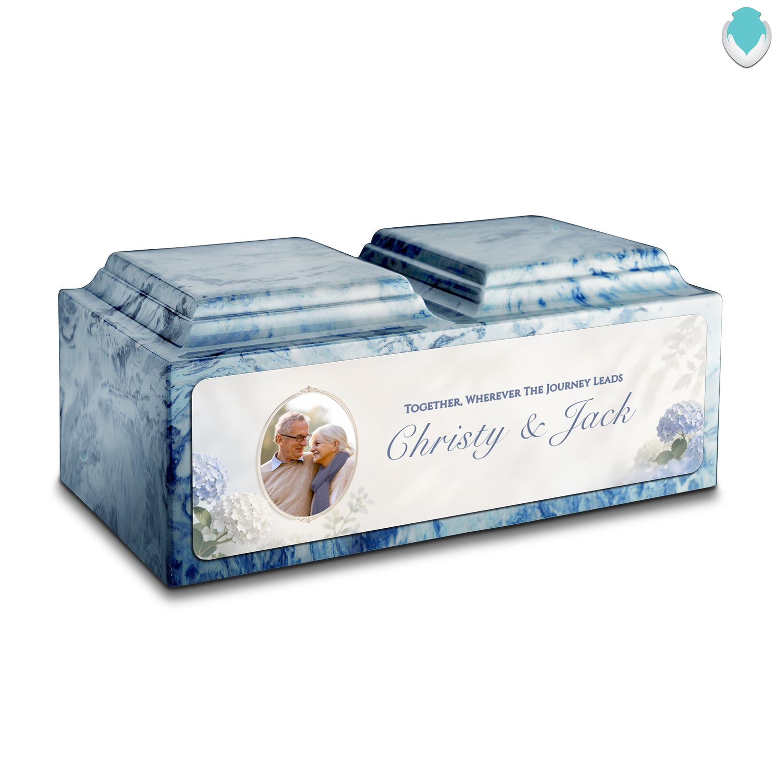 Adult Companion Custom Flower Couple Portrait Sky Blue Cultured Marble Urns by MacKenzie