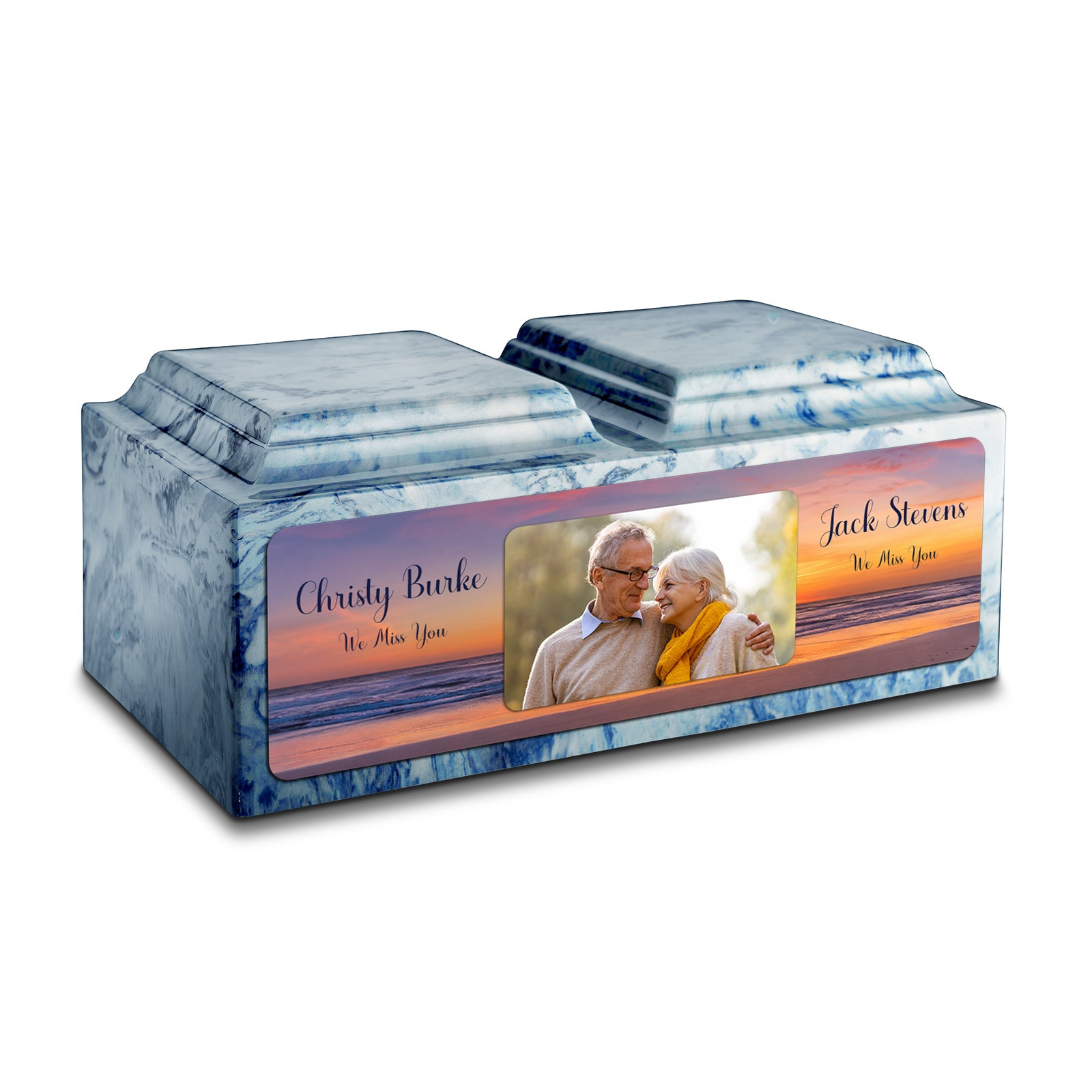 Adult Companion Custom Ocean Sunset Couple Portrait Memorial Sky Blue Cultured Marble Urns by MacKenzie