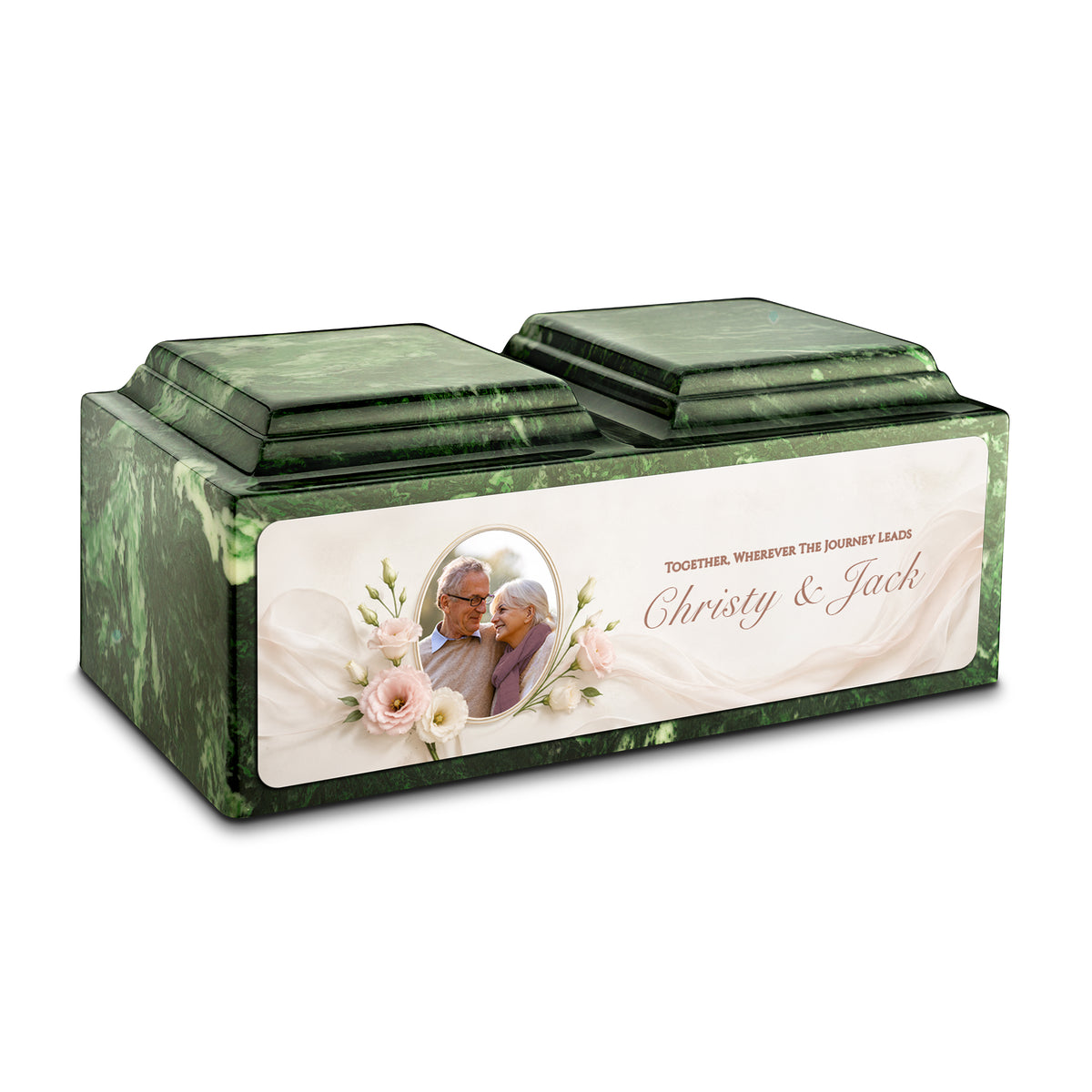 Adult Companion Custom Flower Couple Portrait Memorial Verde Cultured Marble Urns by MacKenzie