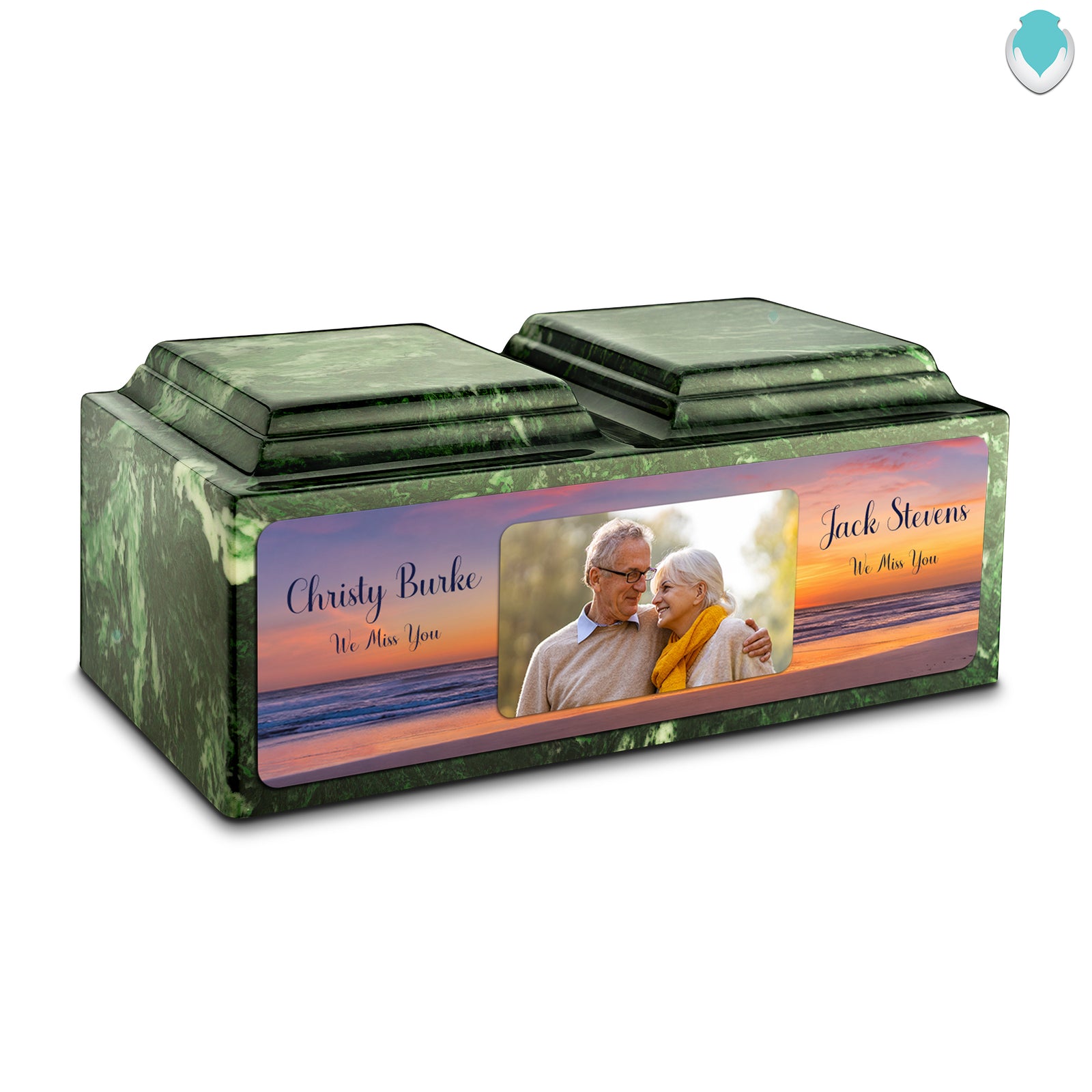Adult Companion Custom Ocean Sunset Couple Portrait Memorial Verde Cultured Marble Urns by MacKenzie