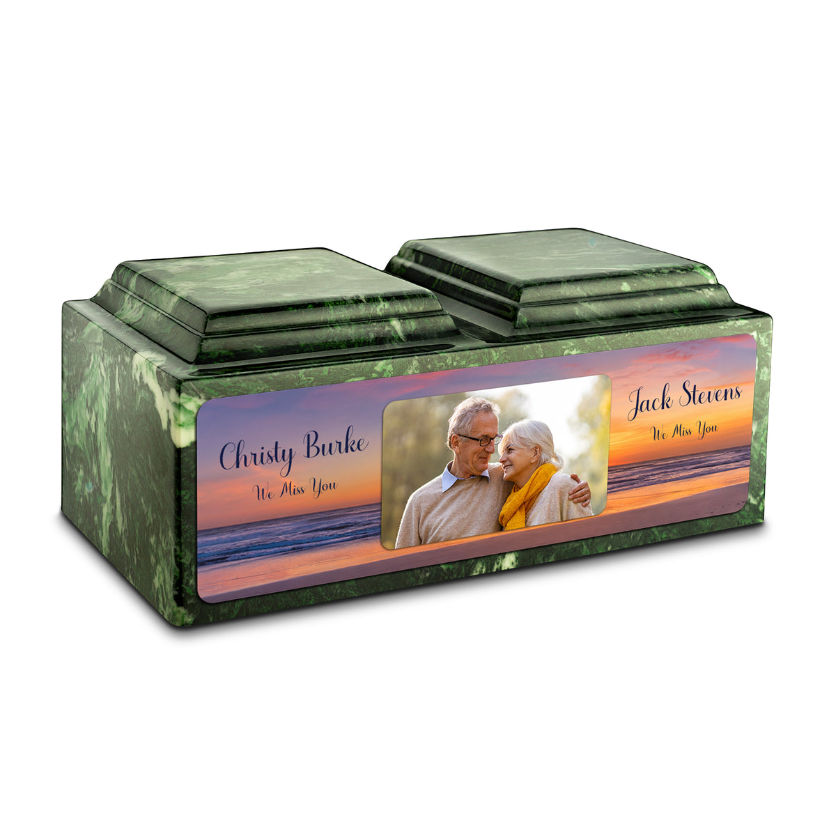 Adult Companion Custom Ocean Sunset Couple Portrait Memorial Verde Cultured Marble Urns by MacKenzie